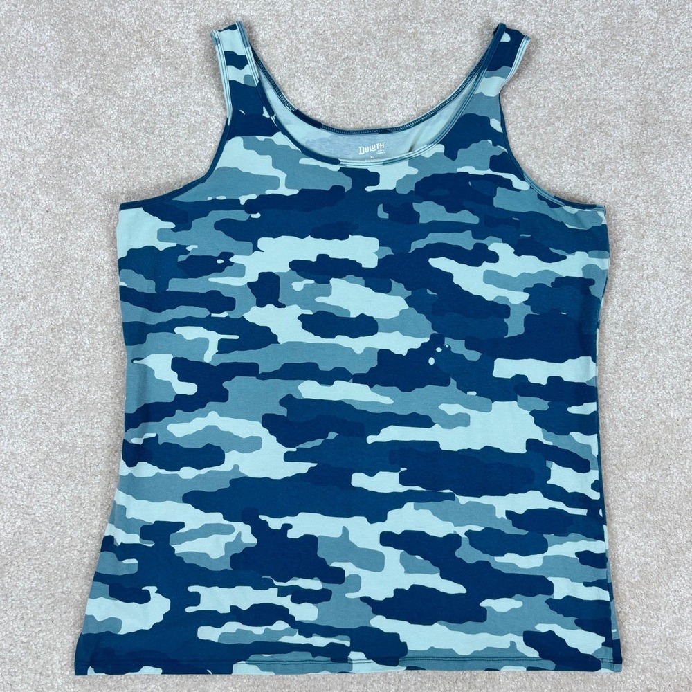 Duluth Trading Co Womens XL Blue Camouflage No-Yank Tank Top Scoop Neck Stretch